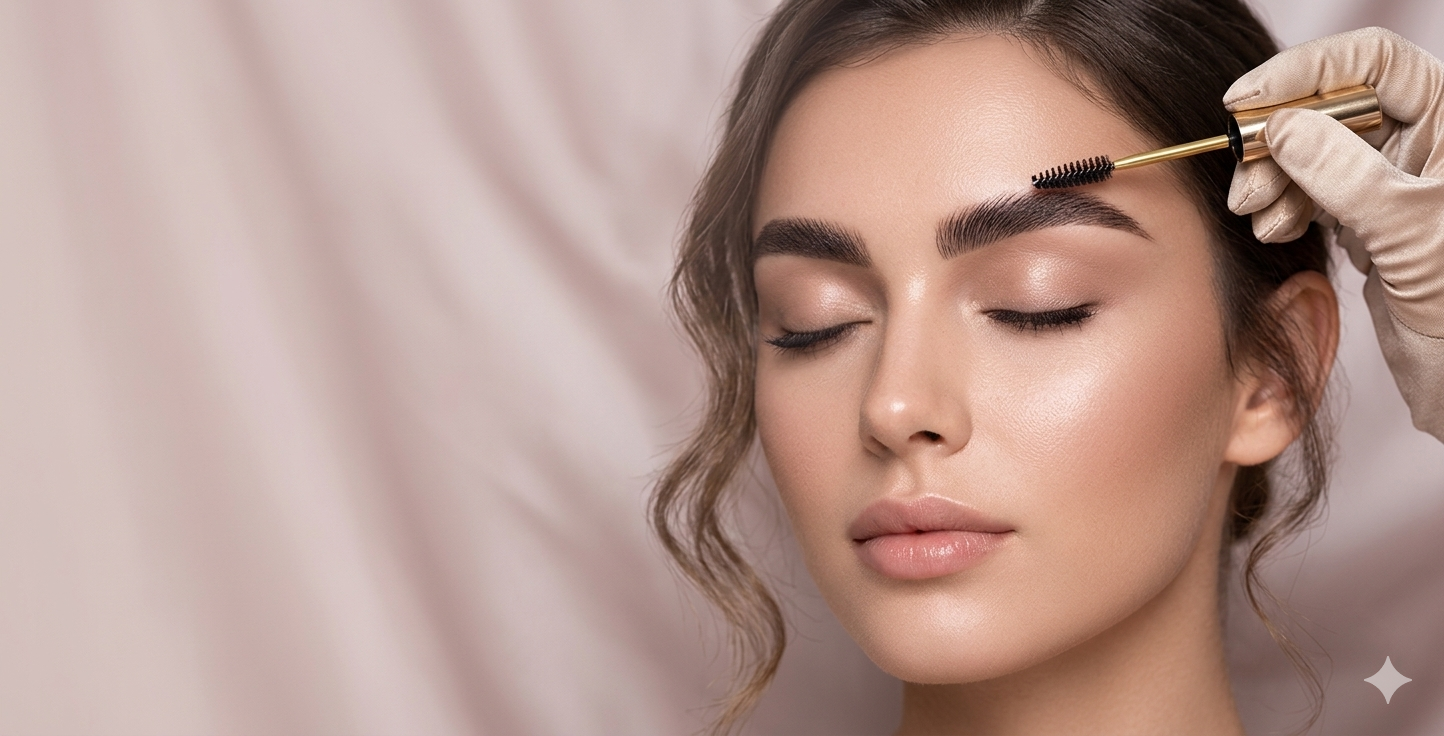 Woman receiving elegant brow treatment, eyes closed
